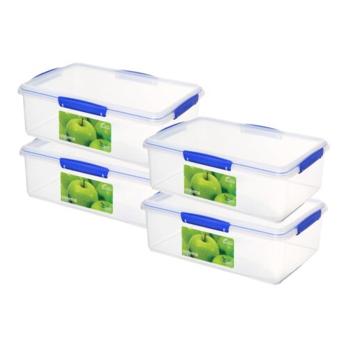 Sistema KLIP IT 7L (236 oz) Rectangular Clear Storage Containers – 4-Pack, Blue Clips & Rubber Seal, Leak-Proof, BPA-Free, Microwave Safe