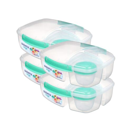Sistema Triple Split TO GO 2L (67.6 oz) Lunch Box – Turquoise, 3-Compartment with 150ml Yogurt Pot, Leak-Proof, BPA-Free, Microwave Safe
