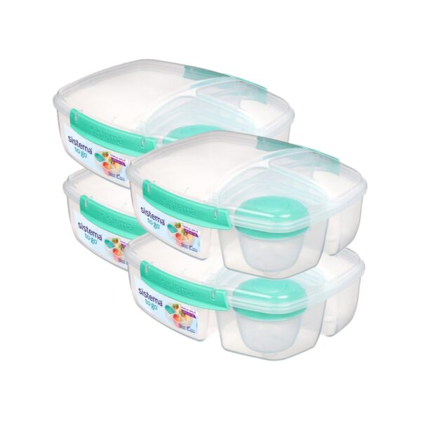 Sistema Triple Split TO GO 2L (67.6 oz) Lunch Box – Turquoise, 3-Compartment with 150ml Yogurt Pot, Leak-Proof, BPA-Free, Microwave Safe