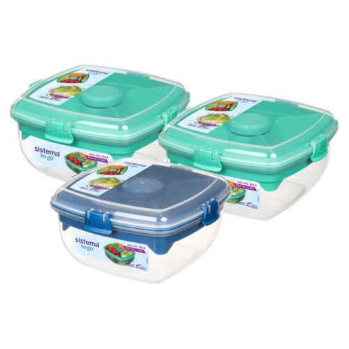 Sistema Salad Max TO GO 1.63L – Clear Container with Blue Divided Tray & Clip, Dressing Pot, Knife & Fork, Leak-Proof Seal, BPA-Free