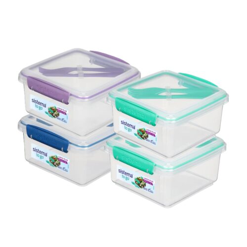 Sistema Lunch Plus TO GO 1.2L with Cutlery – Clear Container with Turquoise Knife & Fork, Leak-Proof Seal, BPA-Free