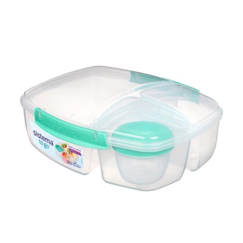 Sistema Triple Split TO GO 2L (67.6 oz) Lunch Box – Turquoise, 3-Compartment with 150ml Yogurt Pot, Leak-Proof, BPA-Free, Microwave Safe