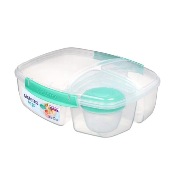 Sistema Triple Split TO GO 2L (67.6 oz) Lunch Box – Turquoise, 3-Compartment with 150ml Yogurt Pot, Leak-Proof, BPA-Free, Microwave Safe
