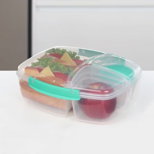 Sistema Triple Split TO GO 2L (67.6 oz) Lunch Box – Turquoise, 3-Compartment with 150ml Yogurt Pot, Leak-Proof, BPA-Free, Microwave Safe