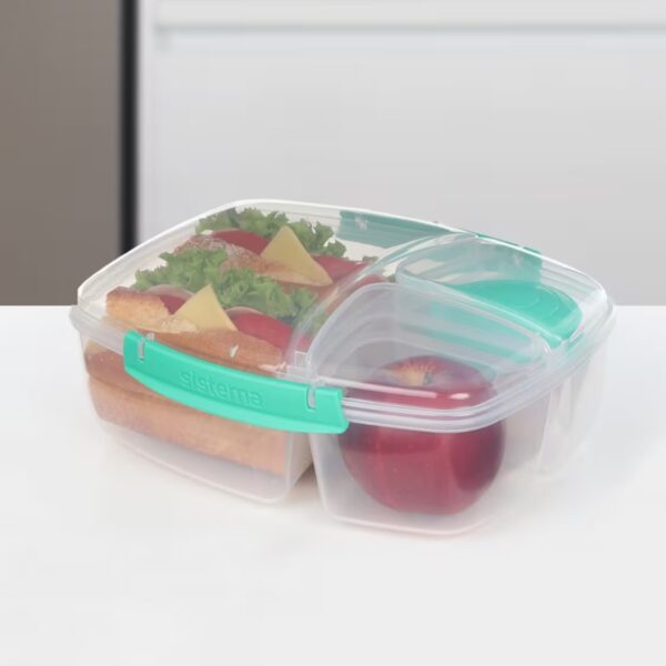 Sistema Triple Split TO GO 2L (67.6 oz) Lunch Box – Turquoise, 3-Compartment with 150ml Yogurt Pot, Leak-Proof, BPA-Free, Microwave Safe