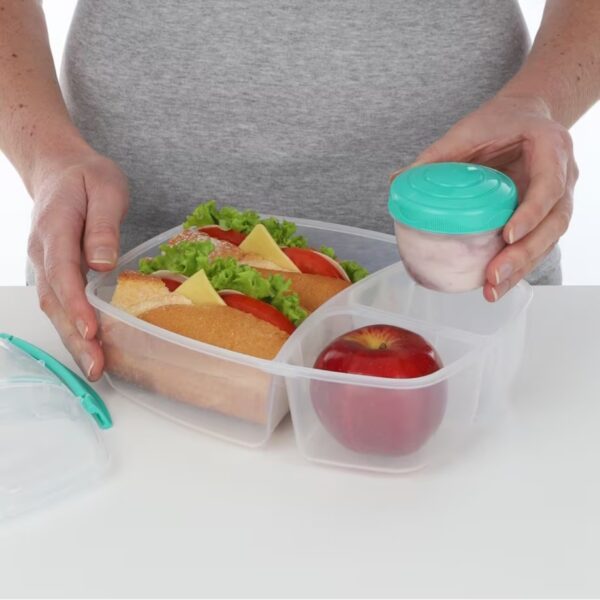 Sistema Triple Split TO GO 2L (67.6 oz) Lunch Box – Turquoise, 3-Compartment with 150ml Yogurt Pot, Leak-Proof, BPA-Free, Microwave Safe