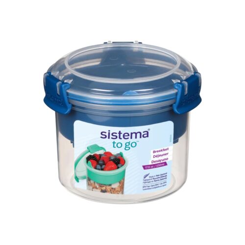 Sistema TO GO Breakfast Bowl 530ml – Blue Removable Tray & Clip Spoon, Dual-Compartment, Easy-Lock Clips, Flexible Seal, BPA-Free