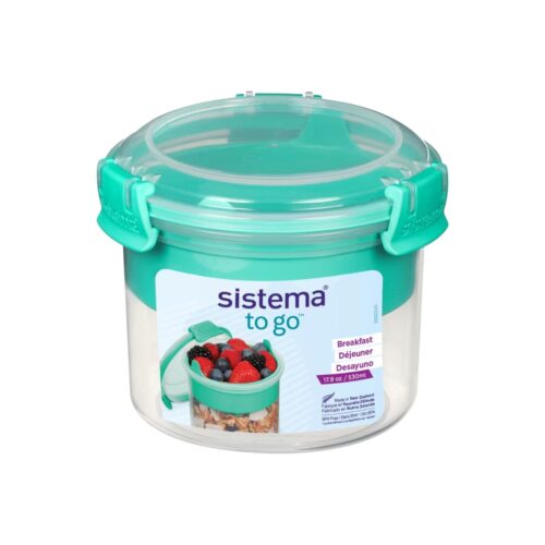 Sistema TO GO Breakfast Bowl 530ml – Turquoise Removable Tray & Clip Spoon, Dual-Compartment, Easy-Lock Clips, Flexible Seal, BPA-Free
