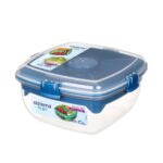 Sistema Salad Max TO GO 1.63L – Clear Container with Blue Divided Tray & Clip, Dressing Pot, Knife & Fork, Leak-Proof Seal, BPA-Free