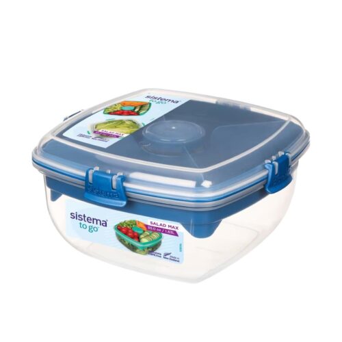 Sistema Salad Max TO GO 1.63L – Clear Container with Blue Divided Tray & Clip, Dressing Pot, Knife & Fork, Leak-Proof Seal, BPA-Free