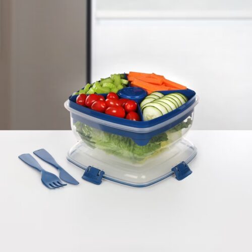 Sistema Salad Max TO GO 1.63L – Clear Container with Blue Divided Tray & Clip, Dressing Pot, Knife & Fork, Leak-Proof Seal, BPA-Free