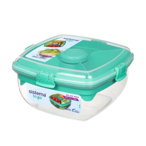 Sistema Salad Max TO GO 1.63L – Clear Container with Turquoise Divided Tray & Clip, Dressing Pot, Knife & Fork, Leak-Proof Seal, BPA-Free