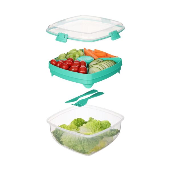 Sistema Salad Max TO GO 1.63L – Clear Container with Turquoise Divided Tray & Clip, Dressing Pot, Knife & Fork, Leak-Proof Seal, BPA-Free