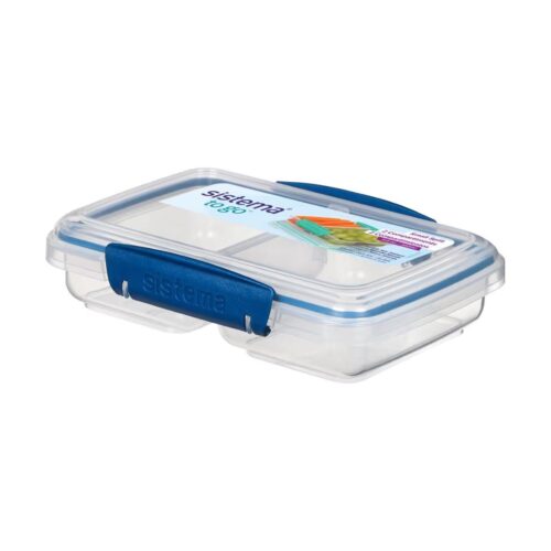 Sistema Small Split TO GO Food Storage Container 350ml – Blue Divided 2-Compartment, Easy-Lock Clips, Flexible Seal, BPA-Free
