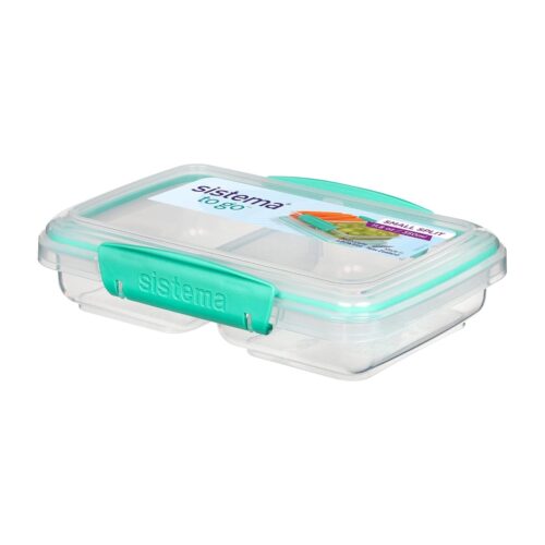 Sistema Small Split TO GO Food Storage Container 350ml – Turquoise Divided 2-Compartment, Easy-Lock Clips, Flexible Seal, BPA-Free