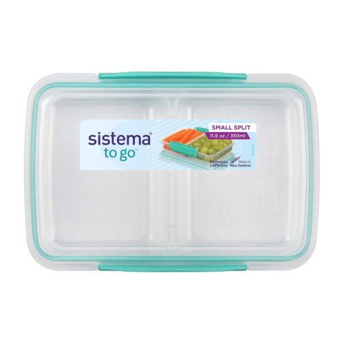 Sistema Small Split TO GO Food Storage Container 350ml – Turquoise Divided 2-Compartment, Easy-Lock Clips, Flexible Seal, BPA-Free