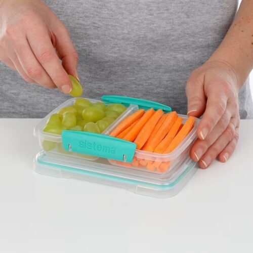 Sistema Small Split TO GO Food Storage Container 350ml – Turquoise Divided 2-Compartment, Easy-Lock Clips, Flexible Seal, BPA-Free
