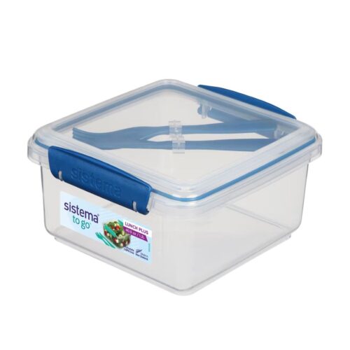 Sistema Lunch Plus TO GO 1.2L with Cutlery – Clear Container with Blue Knife & Fork, Leak-Proof Seal, BPA-Free