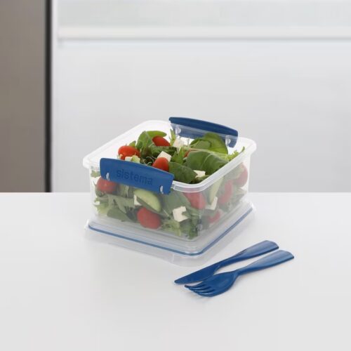 Sistema Lunch Plus TO GO 1.2L with Cutlery – Clear Container with Blue Knife & Fork, Leak-Proof Seal, BPA-Free