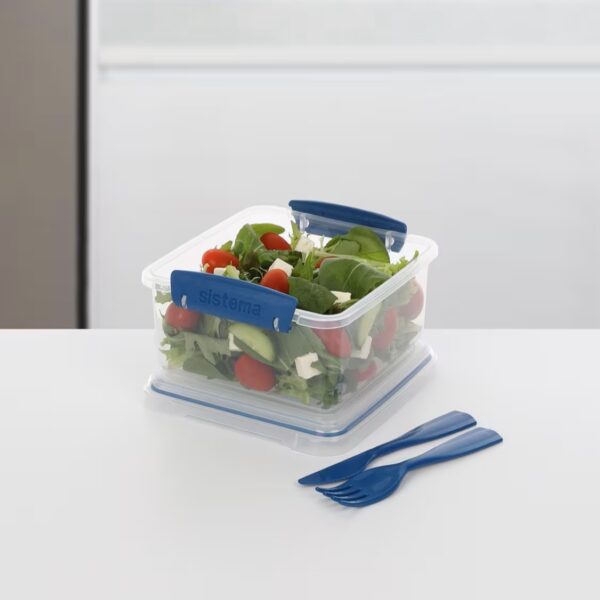 Sistema Lunch Plus TO GO 1.2L with Cutlery – Clear Container with Blue Knife & Fork, Leak-Proof Seal, BPA-Free