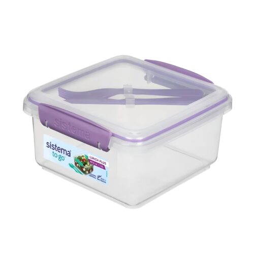 Sistema Lunch Plus TO GO 1.2L with Cutlery – Clear Container with Purple Knife & Fork, Leak-Proof Seal, BPA-Free