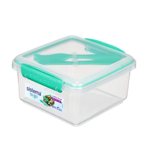 Sistema Lunch Plus TO GO 1.2L with Cutlery – Clear Container with Turquoise Knife & Fork, Leak-Proof Seal, BPA-Free