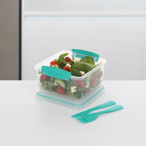 Sistema Lunch Plus TO GO 1.2L with Cutlery – Clear Container with Turquoise Knife & Fork, Leak-Proof Seal, BPA-Free