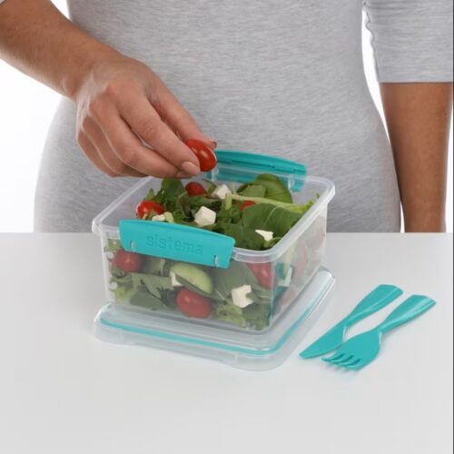 Sistema Lunch Plus TO GO 1.2L with Cutlery – Clear Container with Turquoise Knife & Fork, Leak-Proof Seal, BPA-Free