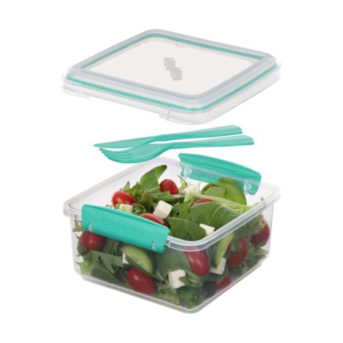 Sistema Lunch Plus TO GO 1.2L with Cutlery – Clear Container with Turquoise Knife & Fork, Leak-Proof Seal, BPA-Free