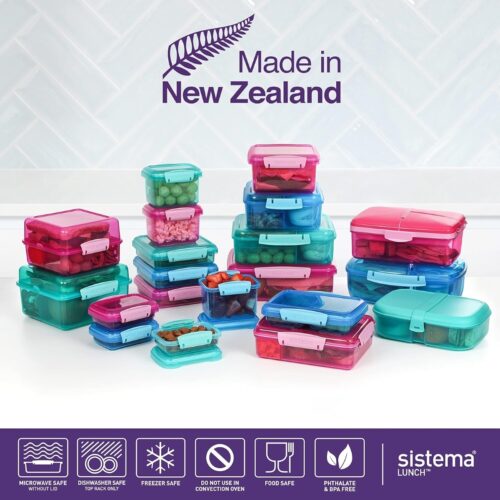 Sistema KLIP IT 2L (67.6 oz) Rectangular Clear Storage Containers – 6-Pack, Blue Clips & Rubber Seal, Leak-Proof, BPA-Free, Microwave Safe 17 Sistema Lunch Cube 1.4L – Turquoise, Dual-Compartment Lunch Box with Divider, Leak-Resistant, BPA-Free