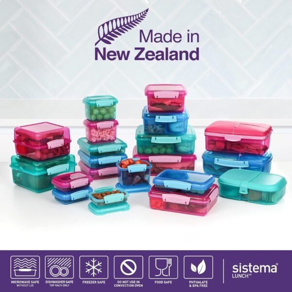 Sistema KLIP IT 2L (67.6 oz) Rectangular Clear Storage Containers – 6-Pack, Blue Clips & Rubber Seal, Leak-Proof, BPA-Free, Microwave Safe 8 Sistema Lunch Cube 1.4L – Turquoise, Dual-Compartment Lunch Box with Divider, Leak-Resistant, BPA-Free