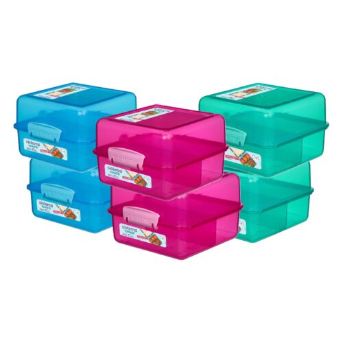 Sistema Lunch Cube Box 1.4L – 6 Pack (2 Turquoise, 2 Pink, 2 Blue), Dual-Compartment with Divider, Leak-Resistant, BPA-Free