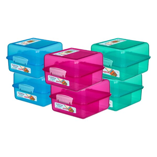 SIS-31735_6 Sistema Lunch Cube Box 1.4L – 6 Pack (2 Turquoise, 2 Pink, 2 Blue), Dual-Compartment with Divider, Leak-Resistant, BPA-Free