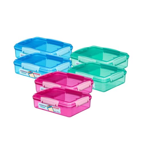 Sistema Snack Attac Duo Lunch Box 975ml – 6 Pack (2 Turquoise, 2 Pink, 2 Blue), 3-Compartment Lunch Box with Easy-Lock Clips, BPA-Free
