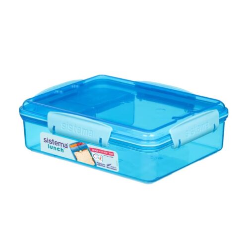 Sistema Snack Attack Duo Lunch Box 975ml – Blue, 3-Compartment Lunch Box with Easy-Lock Clips, BPA-Free