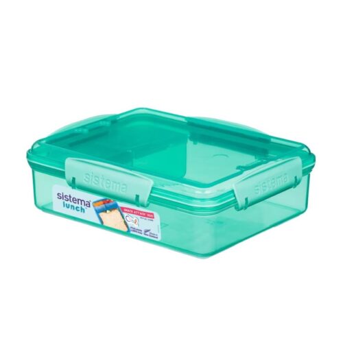 Sistema Snack Attack Duo Lunch Box 975ml – Turquoise, 3-Compartment Lunch Box with Easy-Lock Clips, BPA-Free