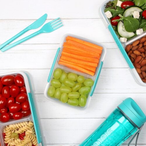 Sistema Small Split TO GO Food Storage Container 350ml – Blue Divided 2-Compartment, Easy-Lock Clips, Flexible Seal, BPA-Free