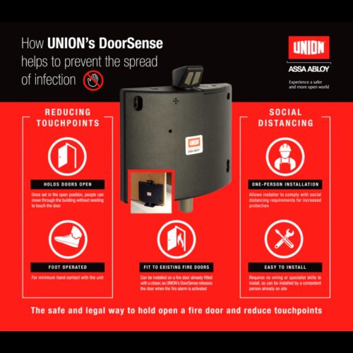 Union DoorSense Fire Door Retainer J-8755A — Red, Battery-Powered Acoustic Hold-Open Device (EN 1155, FD120 Compliant) - Image 3