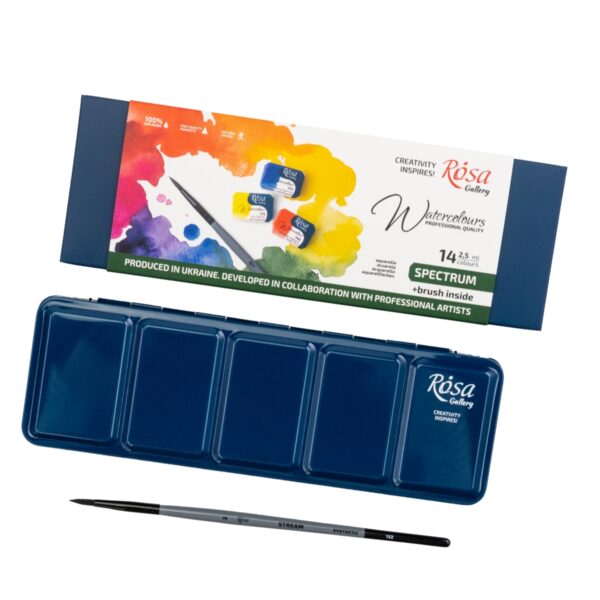 ROSA Gallery SPECTRUM Watercolour Paint Set – 14 Full Pans with Brush in Indigo Metal Case 1 ROSA Gallery SPECTRUM Watercolour Paint Set – 14 Full Pans with Brush in Indigo Metal Case