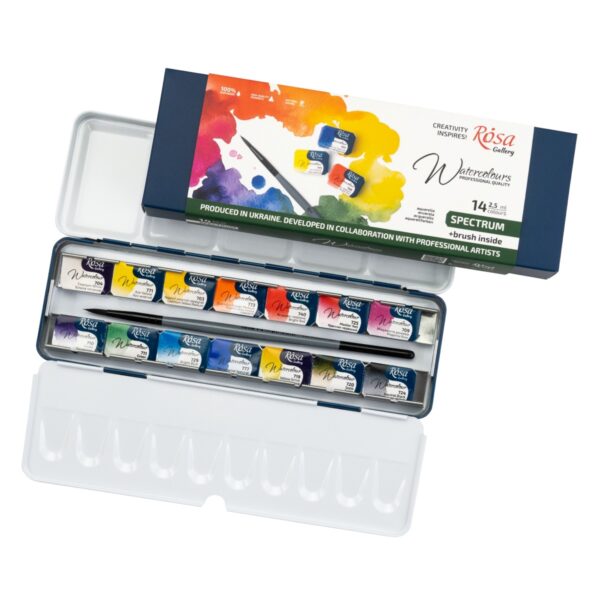 ROSA Gallery SPECTRUM Watercolour Paint Set – 14 Full Pans with Brush in Indigo Metal Case 2 ROSA Gallery SPECTRUM Watercolour Paint Set – 14 Full Pans with Brush in Indigo Metal Case