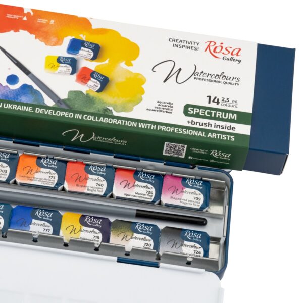 ROSA Gallery SPECTRUM Watercolour Paint Set – 14 Full Pans with Brush in Indigo Metal Case 4 ROSA Gallery SPECTRUM Watercolour Paint Set – 14 Full Pans with Brush in Indigo Metal Case