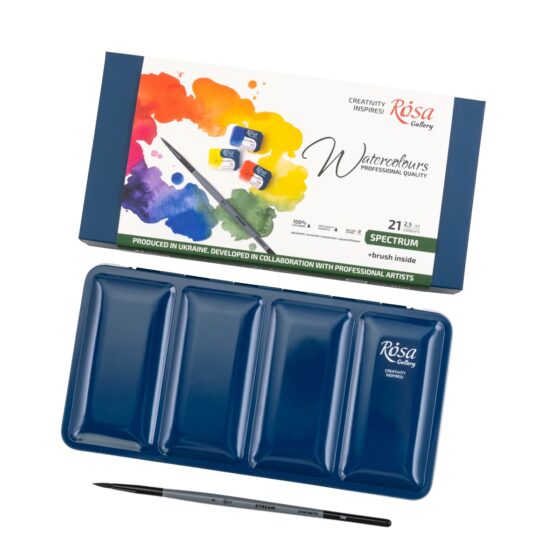 ROSA Gallery SPECTRUM Watercolour Paint Set – 21 Full Pans with Brush in Indigo Metal Case