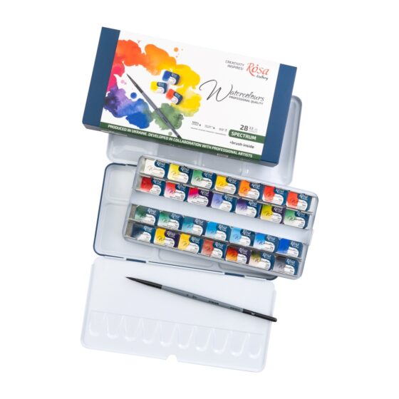 ROSA Gallery SPECTRUM Watercolour Paint Set – 28 Full Pans with Brush in Indigo Metal Case