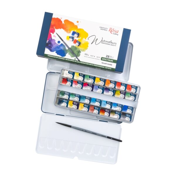 ROSA Gallery SPECTRUM Watercolour Paint Set – 28 Full Pans with Brush in Indigo Metal Case 1 ROSA Gallery SPECTRUM Watercolour Paint Set – 28 Full Pans with Brush in Indigo Metal Case