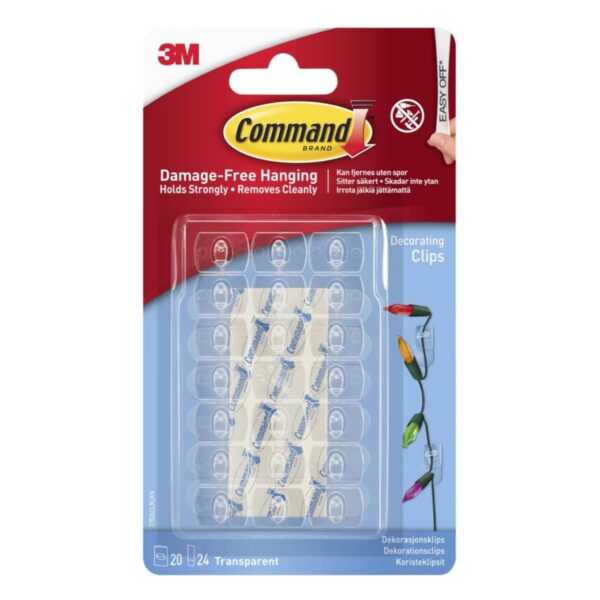 3M Command Clear Decorating Clips – 20 Clips + 24 Clear Strips, Damage-Free Hanging for Christmas Lights & Decorations