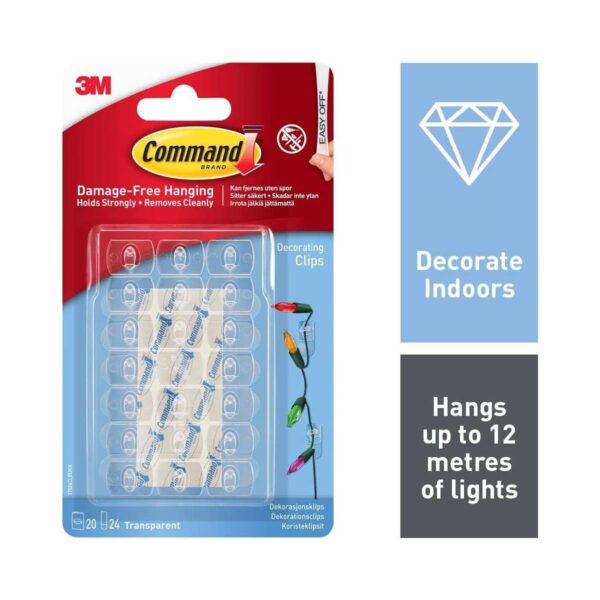 3M Command Clear Decorating Clips – 20 Clips + 24 Clear Strips, Damage-Free Hanging for Christmas Lights & Decorations