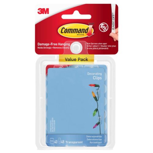 3M Command Clear Decorating Clips – 40 Clips + 48 Clear Strips (Value Pack), Damage-Free Hanging for Christmas Lights & Decorations