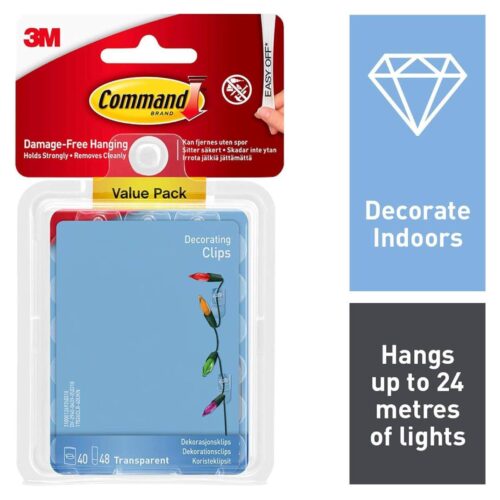 3M Command Clear Decorating Clips – 40 Clips + 48 Clear Strips (Value Pack), Damage-Free Hanging for Christmas Lights & Decorations