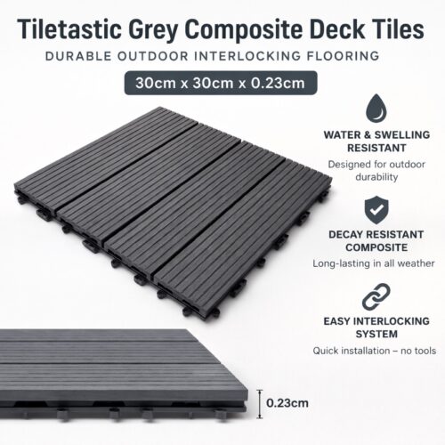 Tiletastic Grey Composite Interlocking Floor Decking Tiles – 30cm x 30cm x 0.23cm, Water, Swelling & Decay Resistant, Durable Outdoor Flooring
