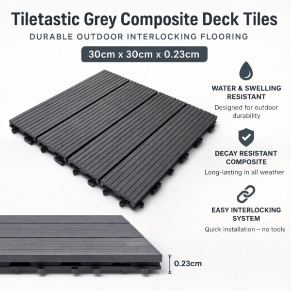 Tiletastic Grey Composite Interlocking Floor Decking Tiles – 30cm x 30cm x 0.23cm, Water, Swelling & Decay Resistant, Durable Outdoor Flooring